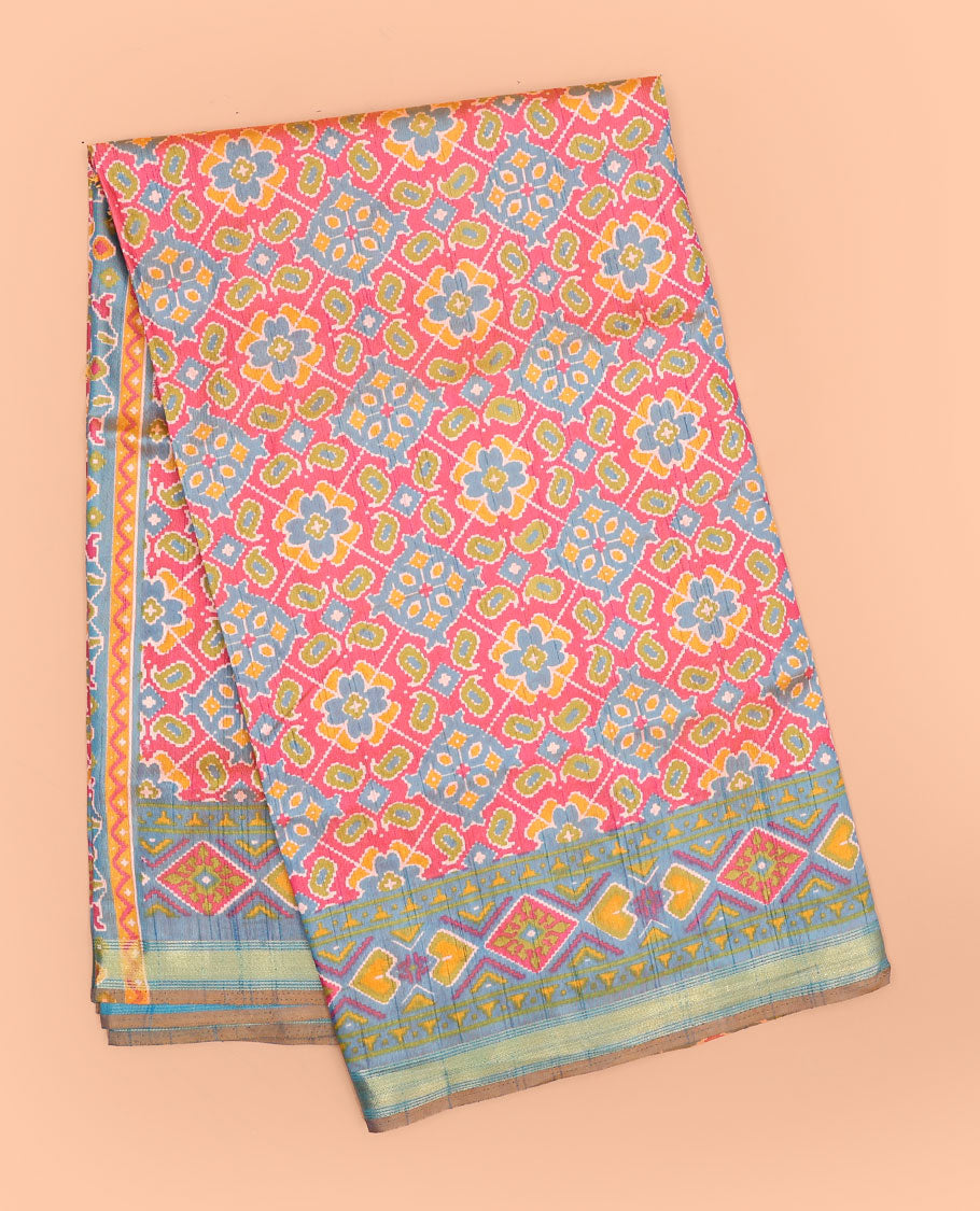 Multi-color intricately printed semi-banaras patola silksaree, contrast border & patola printed pallu