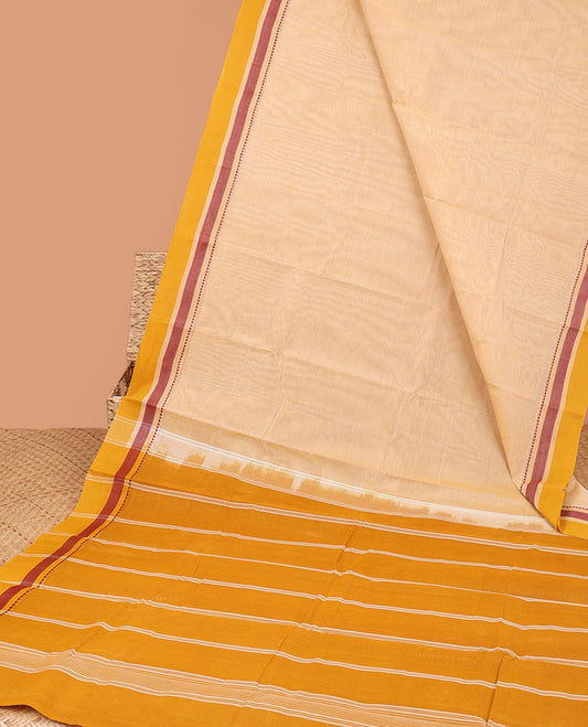 Sandal kanchi cotton saree, contrast traditional border & striped pallu