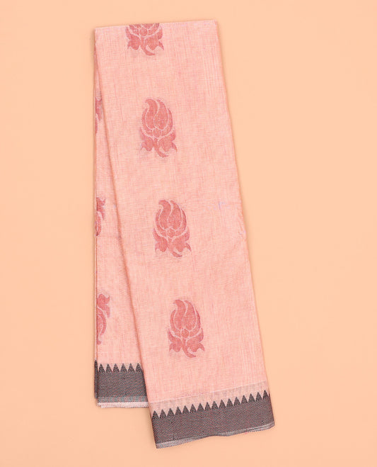 Peach kanchi cotton saree with paisley buttas, contrast temple border & pallu of floral & geometric designs