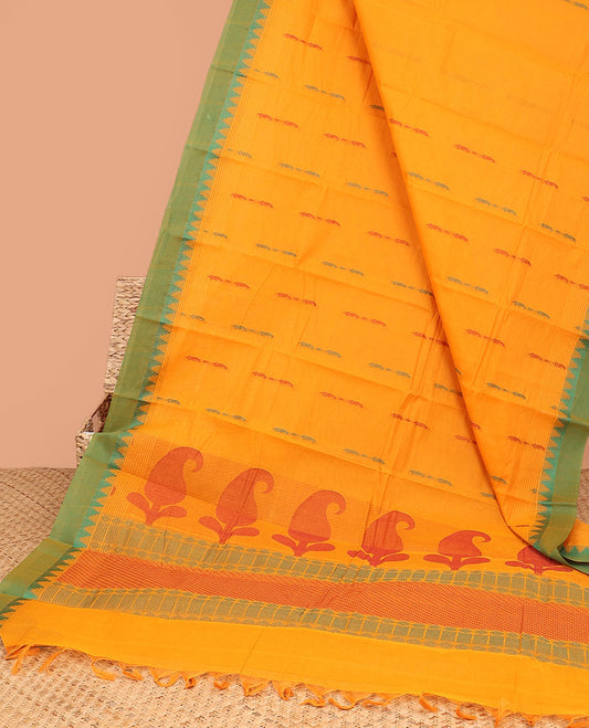 Orange kanchi cotton saree with buttas, contrast temple border & pallu of traditional designs