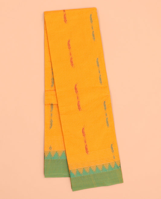 Orange kanchi cotton saree with buttas, contrast temple border & pallu of traditional designs
