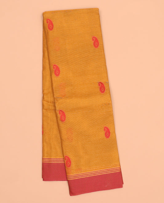 Orange kanchi cotton saree with paisley buttas, contrast border & pallu of argyle designs