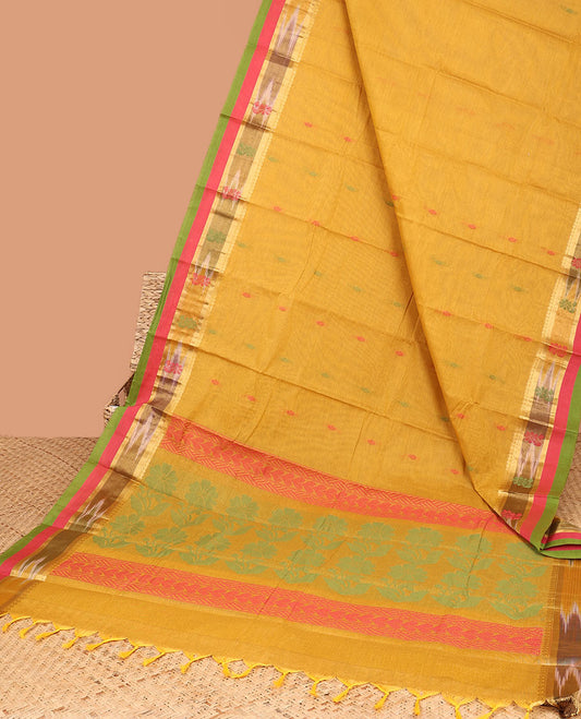 Yellow kanchi cotton saree with buttas, contrast ikkat border of unique designs & pallu of floral designs