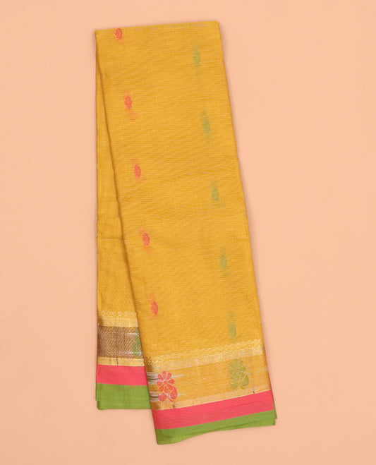 Yellow kanchi cotton saree with buttas, contrast ikkat border of unique designs & pallu of floral designs