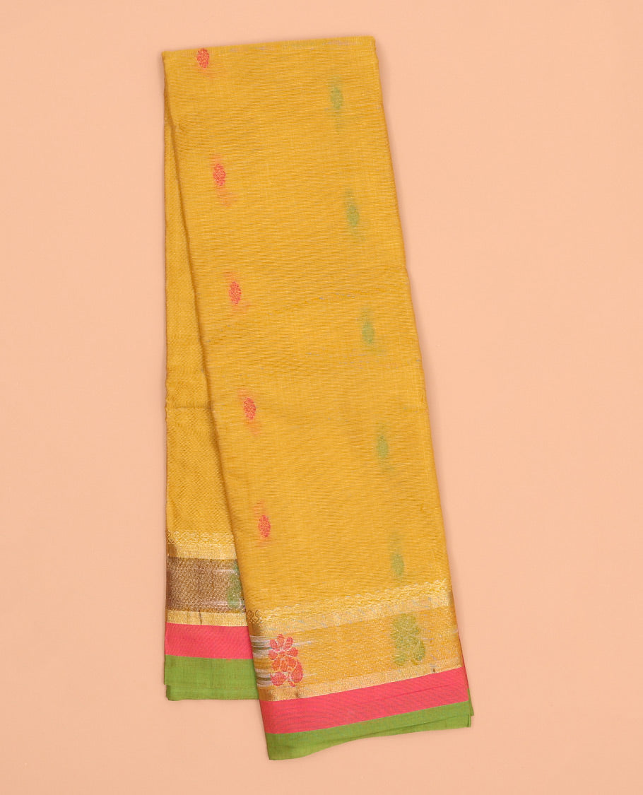 Yellow kanchi cotton saree with buttas, contrast ikkat border of unique designs & pallu of floral designs