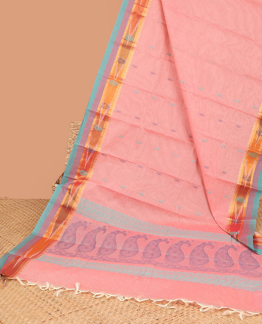 Pink kanchi cotton saree with buttas, contrast ikkat border of unique designs & pallu of paisley designs