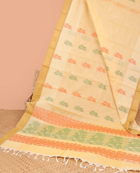 Sandal striped kanchi cotton saree with buttas, contrast plain border & pallu of floral & paisley designs