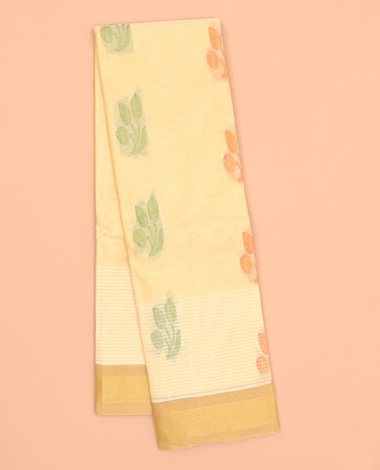 Sandal striped kanchi cotton saree with buttas, contrast plain border & pallu of floral & paisley designs