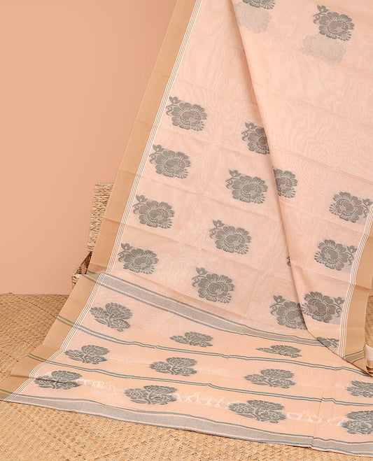 Sandal kanchi cotton saree with buttas, contrast plain border & pallu of floral buttas