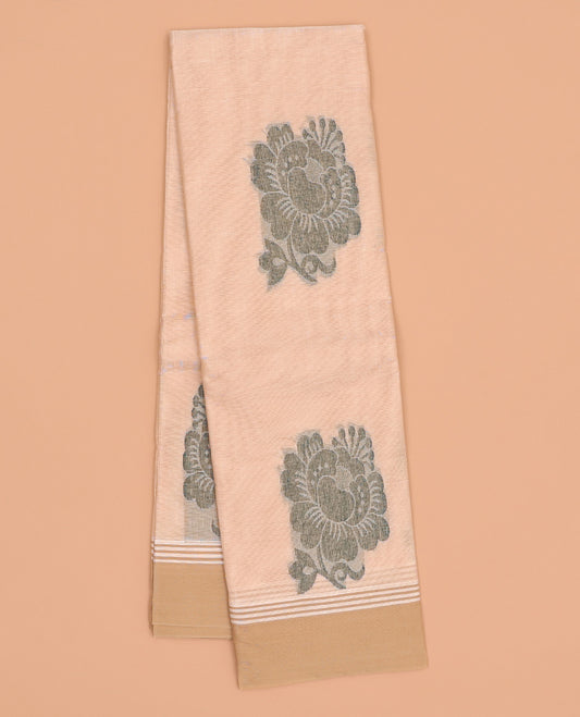 Sandal kanchi cotton saree with buttas, contrast plain border & pallu of floral buttas