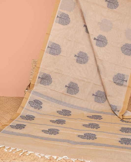 Sandal kanchi cotton saree with tree buttas, contrast plain border & pallu of floral buttas