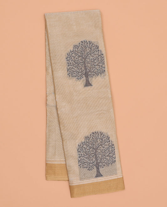 Sandal kanchi cotton saree with tree buttas, contrast plain border & pallu of floral buttas