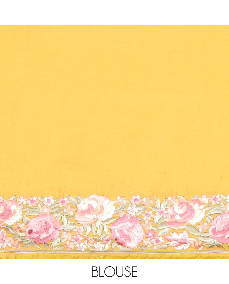 Yellow semi-banaras tussar saree with polka dots, colorful floral motifs thread embroidered border