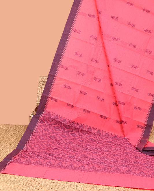 Pink kanchi cotton saree with flower buttas, contrast plain border & jaal pallu