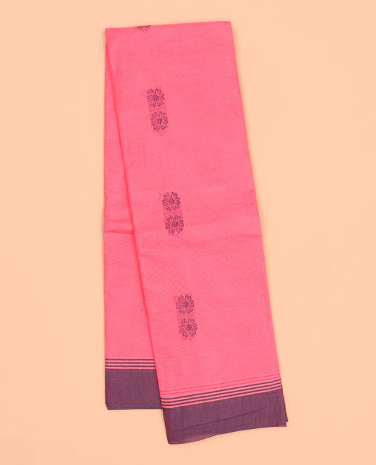 Pink kanchi cotton saree with flower buttas, contrast plain border & jaal pallu