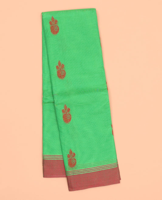 Green kanchi cotton saree with buttas, contrast plain border & jaal pallu