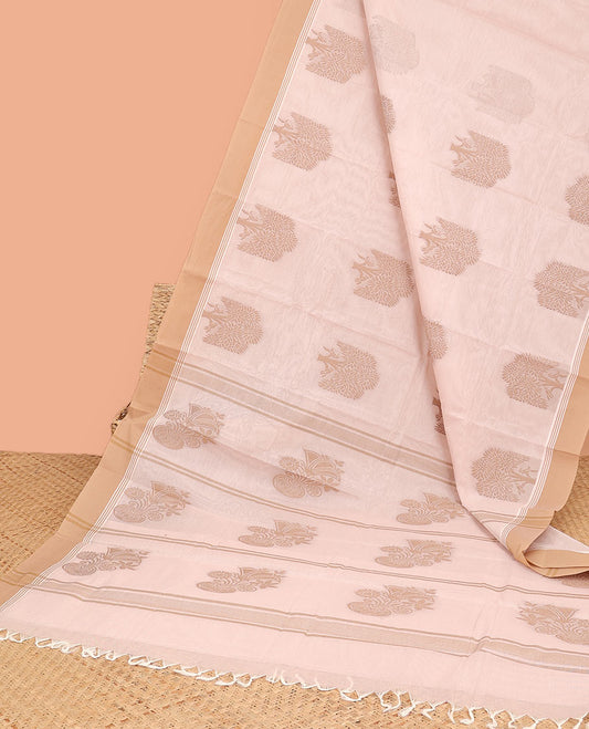 Cream kanchi cotton saree with tree buttas, contrast plain border & floral design pallu