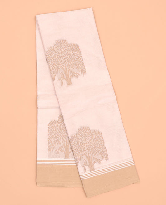 Cream kanchi cotton saree with tree buttas, contrast plain border & floral design pallu