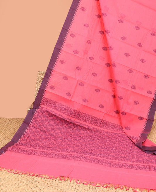 Pink kanchi cotton saree with buttas, contrast plain border & jaal design pallu