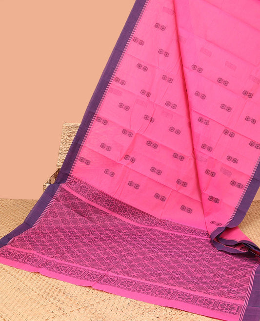 Pink kanchi cotton saree with flower buttas, contrast plain border & jaal pallu
