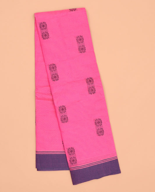 Pink kanchi cotton saree with flower buttas, contrast plain border & jaal pallu