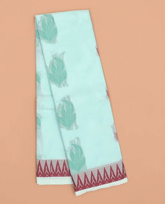 Pale blue kanchi cotton saree with buttas, temple border & floral design pallu