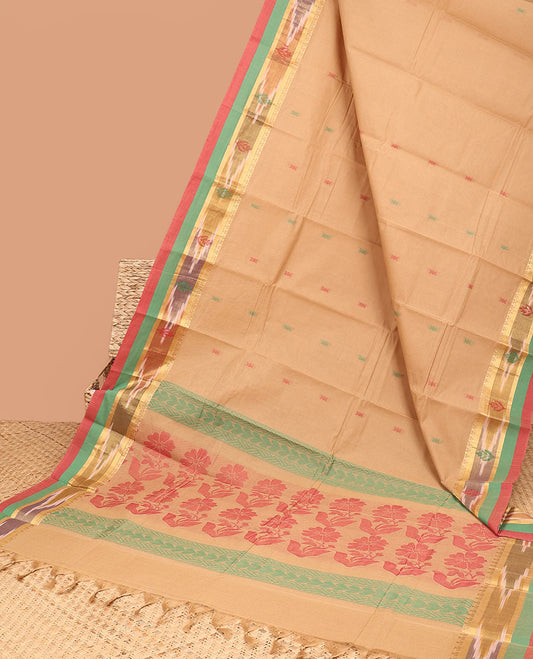 Sandal kanchi cotton saree with buttas, contrast ikkat border & floral design pallu