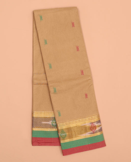 Sandal kanchi cotton saree with buttas, contrast ikkat border & floral design pallu
