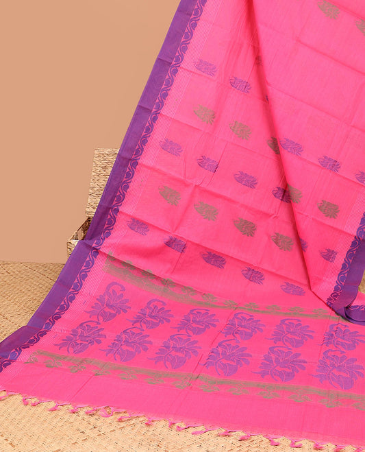 Pink kanchi cotton saree with buttas, contrast paisley creeper border & floral design pallu