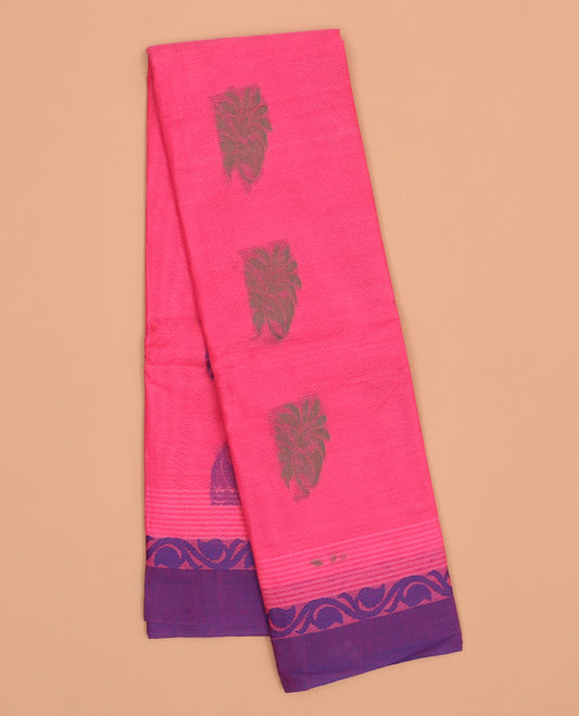 Pink kanchi cotton saree with buttas, contrast paisley creeper border & floral design pallu