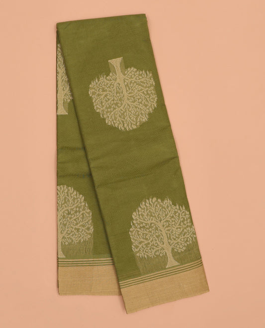 Green kanchi cotton saree with tree buttas, contrast plain border & floral design pallu 