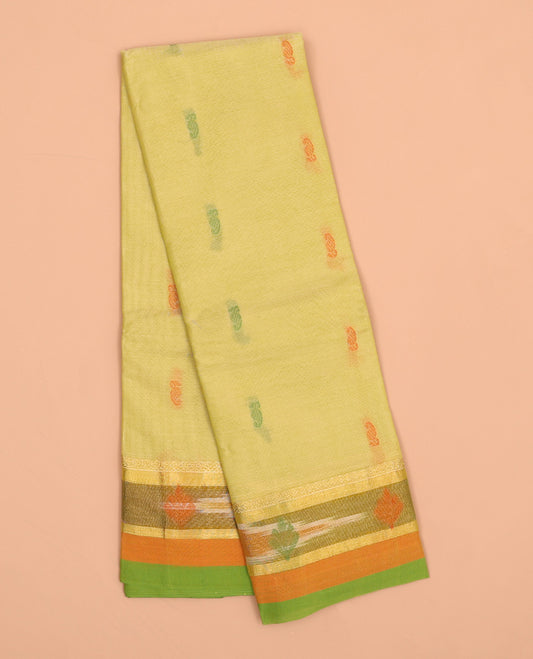 Yellow kanchi cotton saree with buttas, contrast ikkat border & floral design pallu
