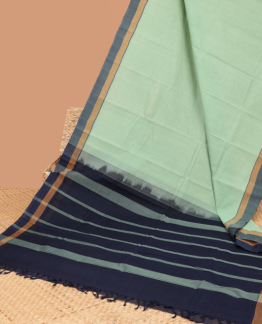 Green plain kanchi cotton saree, contrast border & striped pallu