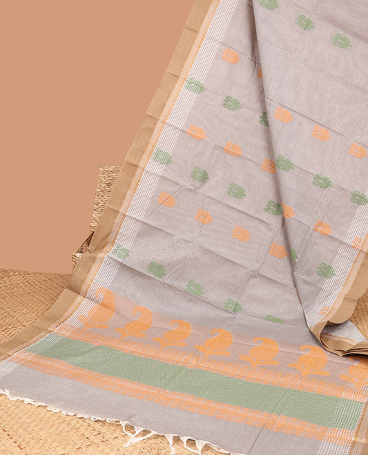 Grey buttas kanchi cotton saree, contrast border & paisley design pallu 