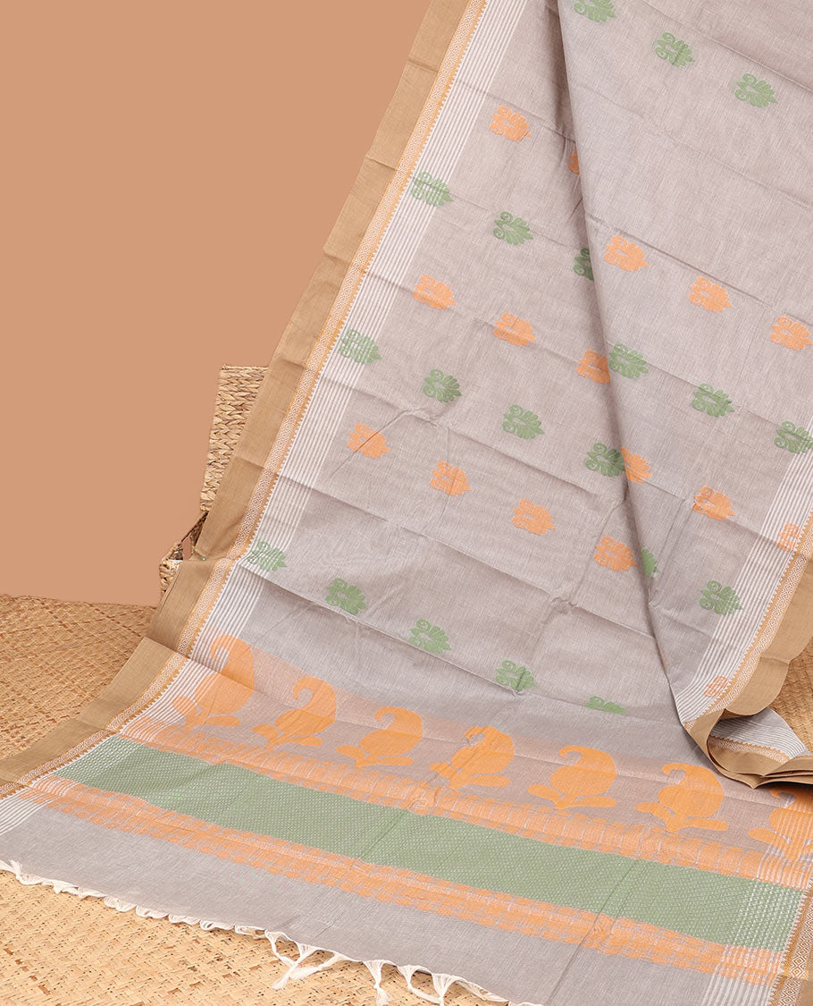 Grey buttas kanchi cotton saree, contrast border & paisley design pallu 