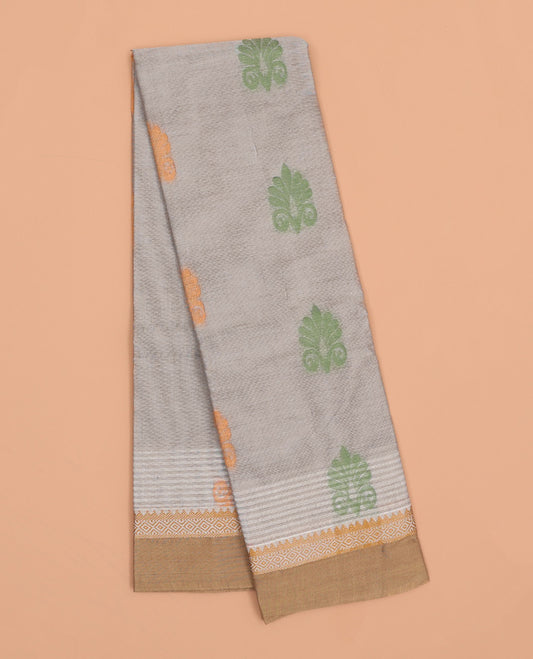 Grey buttas kanchi cotton saree, contrast border & paisley design pallu 