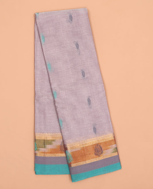 Grey buttas kanchi cotton saree, contrast ikkat border & floral design pallu 