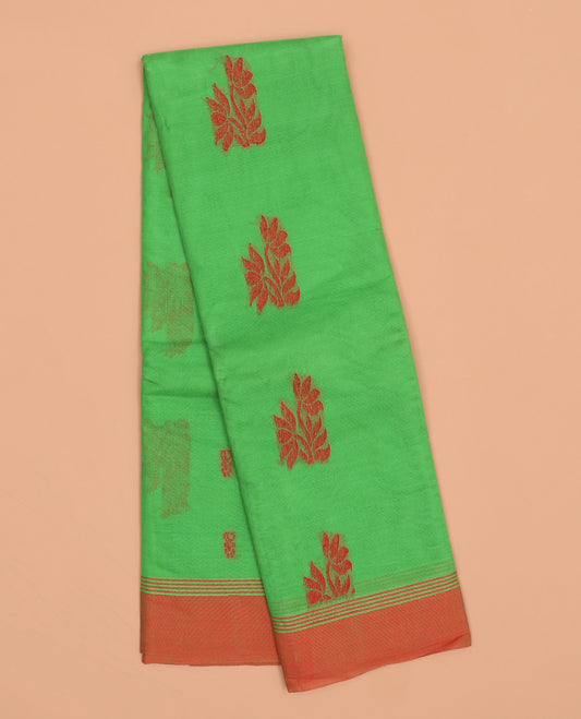 Green floral buttas kanchi cotton saree, contrast border & jaal design pallu 