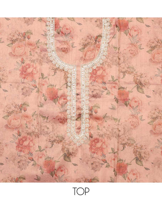 Peach chudidhar material set, floral print & embroidered tissue shimmer top, plain bottom & zari design dupatta