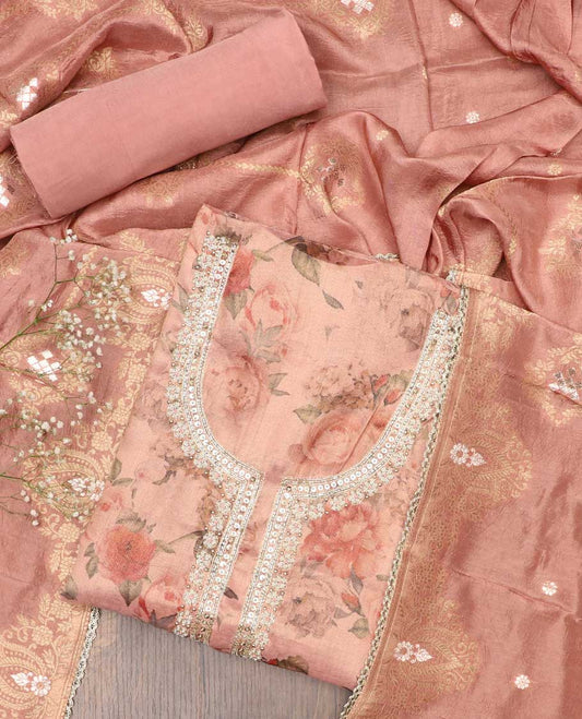 Peach chudidhar material set, floral print & embroidered tissue shimmer top, plain bottom & zari design dupatta