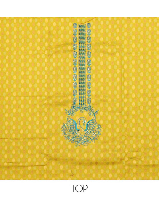 Green chudidhar material set, buttas & embroidered cotton top, contrast plain bottom & embroidered dupatta
