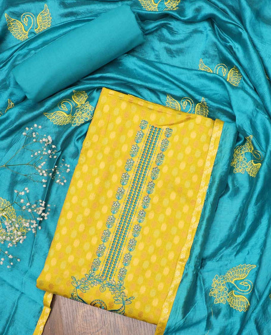 Green chudidhar material set, buttas & embroidered cotton top, contrast plain bottom & embroidered dupatta