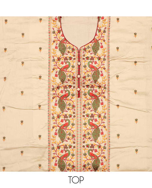 Multi-color chudidhar material, floral & peacock motifs embroidered top, contrast plain bottom & solid dupatta