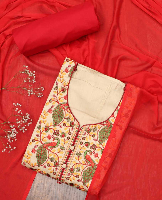 Multi-color chudidhar material, floral & peacock motifs embroidered top, contrast plain bottom & solid dupatta