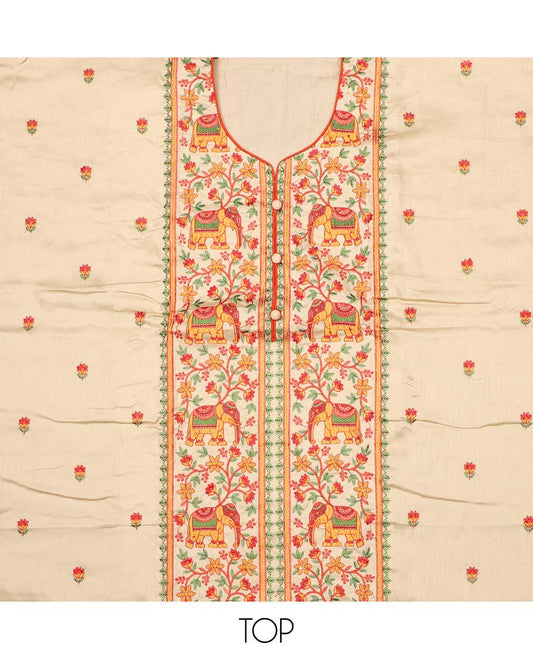 Multi-color chudidhar material, floral & elephant motifs embroidered top, contrast plain bottom & solid dupatta
