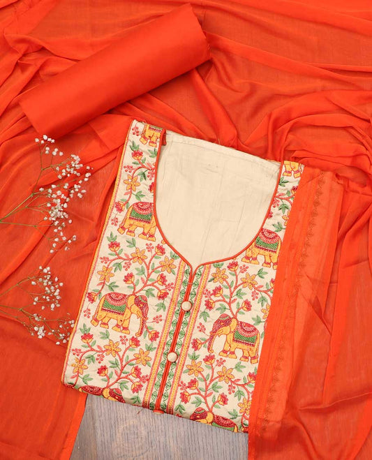 Multi-color chudidhar material, floral & elephant motifs embroidered top, contrast plain bottom & solid dupatta