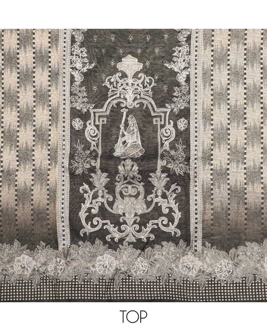 Grey chudidhar material set, intricately embroidered top, contrast plain bottom & floral & geometric printed dupatta