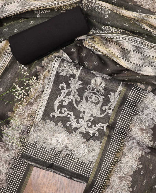 Grey chudidhar material set, intricately embroidered top, contrast plain bottom & floral & geometric printed dupatta