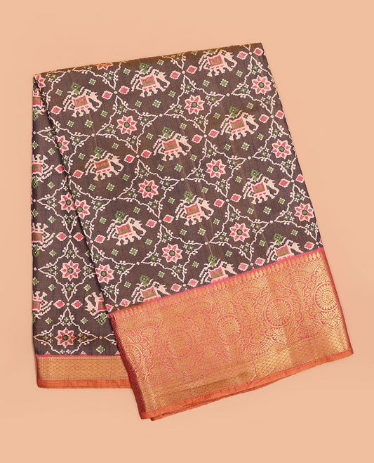 Brown elephant patola printed semi-banaras patola silksaree, contrast traditional zari border & patola printed pallu