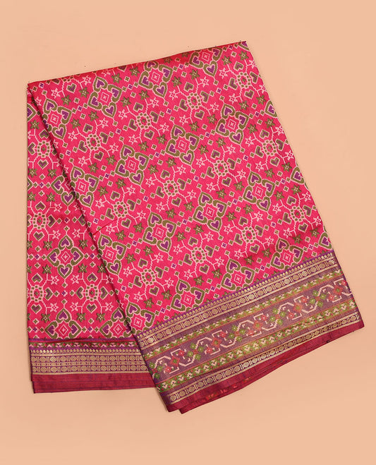 Pink intricately printed semi-banaras patola silksaree,contrast traditional & patola design border & patola print pallu